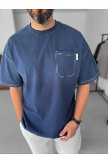 BYBASICMAN Lacivert Yıkamalı Cepli Oversize T-Shirt JJ-15