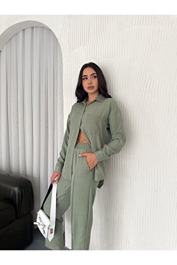 02Lady Fashion Aerobin Linen Shirt Pants 2 Piece Top and Bottom Set
