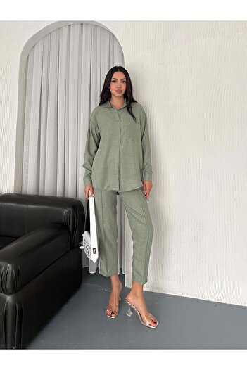 02Lady Fashion Aerobin Linen Shirt Pants 2 Piece Top and Bottom Set