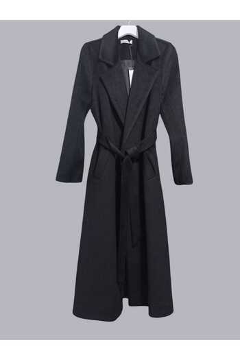 Puane Women's Lined Waist Belted Lacing Back Slit Imported Cashmere Fabric Black Coat