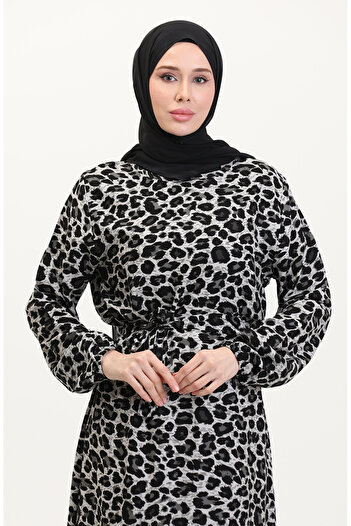 sefamerve Leopar Desenli Kuşaklı Elbise 0008-01 Siyah