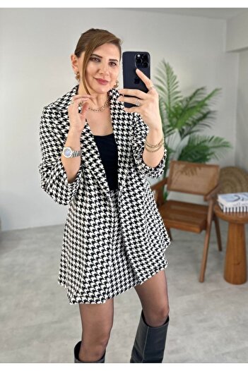 Viyamo Women's Houndstooth Pattern Wadded Detail Coat and High Waist Skirt Double Set