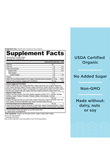 ANCIENT NUTRITION Organic SuperGreens Powder with Probiotics, B12, Fruits & Veggies, 25 Servings