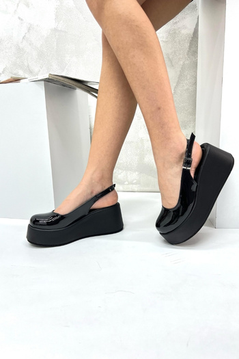 inizio Black Patent Leather Wedge Heel Women's Shoes V4214