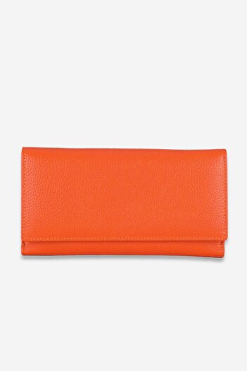 TUNAELLİ Women's Orange Genuine Leather Wallet with Loose Card Holder and Coin Compartment