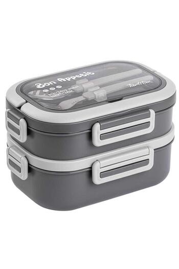 Tantitoni Tantitoni Gray Stainless Steel 2-Layer Food Carrying Container with Fork and Spoon 1.65 L