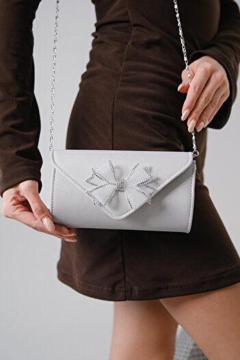 Moda Değirmeni Silver Tulle Bow Women's Stone Evening Dress Portfolio Bag Md1178-310-0005