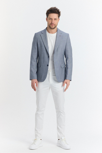 Frappoli Tacues Men's Navy Blue Half Lined Flap Pocket Linen Blended Spring-Summer Sports Blazer Jacket