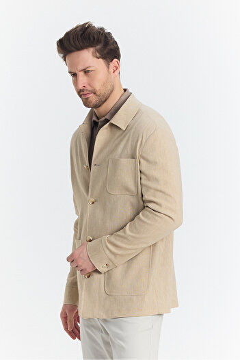 Frappoli Zevos Erkek Camel Keten Karışımlı Overshirt Baharlık Ceket Yeni Sezon