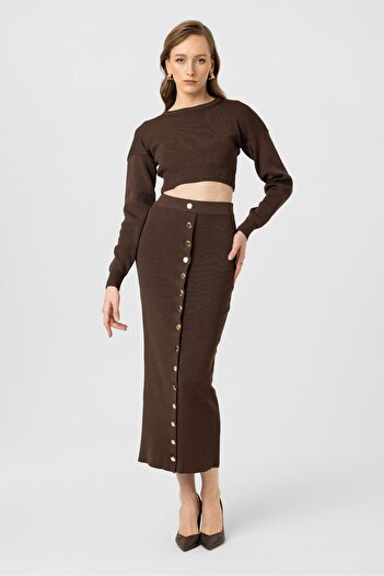 valena Essence Knitwear Button Skirt Suit Brown