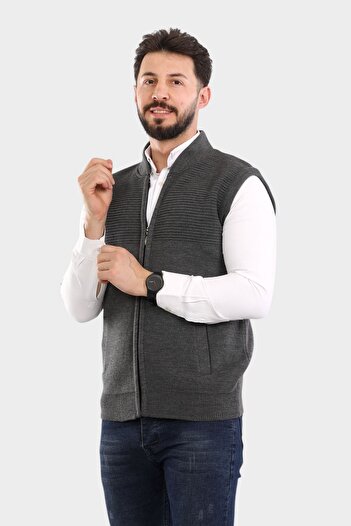HEDEFNUR TEKSTİL Men's Gray Steel Knitted Velvet Vest with Zipper and Pockets Dad Vest