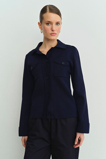 Hooopstore Mercerized Navy Blue Cardigan with Pocket Flaps