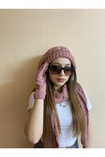 sema aksesuar Women's Winter Hair Braid Patterned Knitwear Painter Beret, Scarf, Gloves Set of 3 - Gift