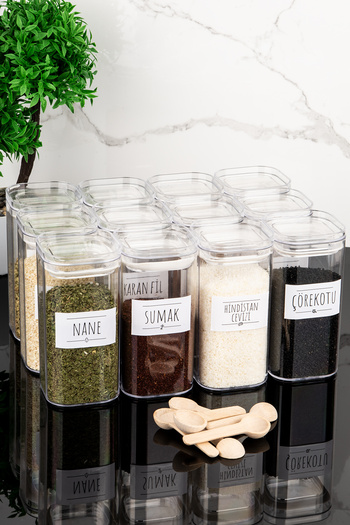 Dolkin Home Set of 12 White Label Mica Spice Jars with Spoon and 300 ml Vacuum Leakproof Lid