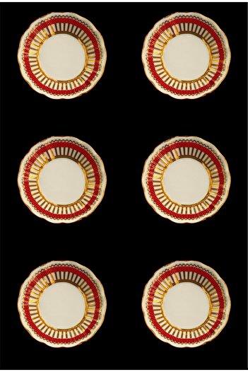 DUKKANI ISTANBUL Porcelain Tea Plate and Gawa Cup for 6 Persons Points Gold with Mırralı Tea Plate Red