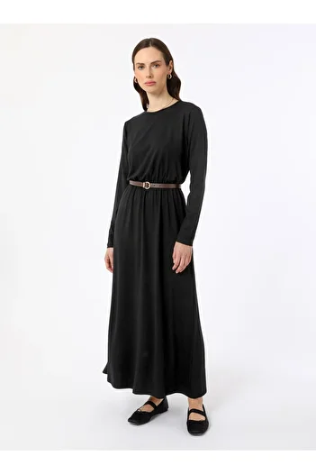 Refka Natural Fabric Elastic Waisted Hijab Dress - Black - Benin