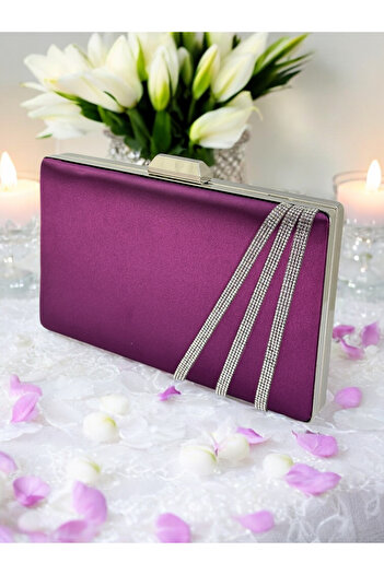 Biçanta Purple Color Satin Cross Crystal Silver Stone Women's Evening Dress Bag Wedding Engagement Graduation