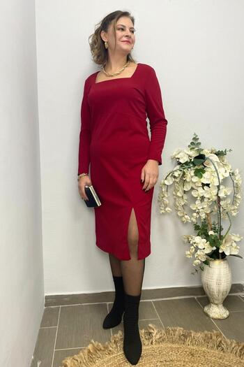 Mia Butik Women's Red Square Neck Dress