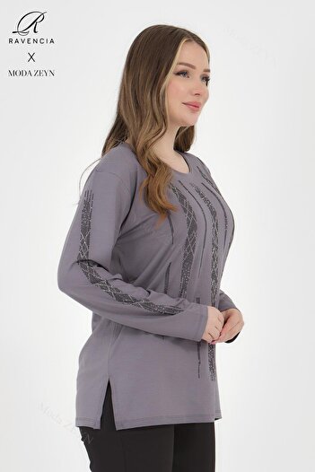 Ravencia Women's Middle Age and Above Viscose Straight Line Stone Embroidered Lycra Gray Mother Combed Cotton Blouse