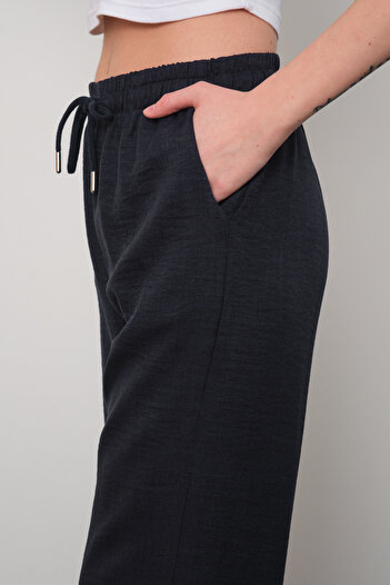 ZERTEX Women's Black Linen Blend Trousers Loose Cut Fit Waist Elastic Comfortable Fit Style Cut