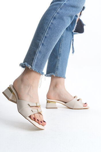 Limeo Low Heeled Double Stripe Top Gold Buckle Detailed Women's Evening Dress Slippers Sandals