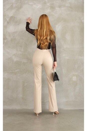 GALAVİP Women's Cream Leather Palazzo Trousers with Waist Latch