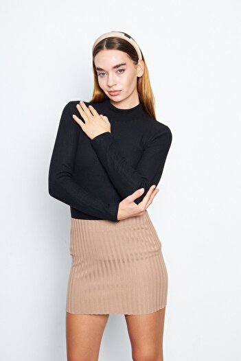 Oyga Women's Black Half Turtleneck Interlock Long Sleeve Slim Blouse
