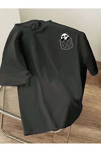 PALPİTO Men's Smoked Cute Pocket Panda Printed Oversize T-Shirt