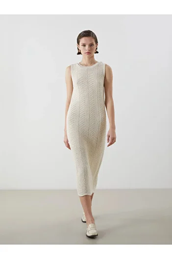 LC Waikiki Ecru Crew Neck Openwork Women's Knitwear Dress