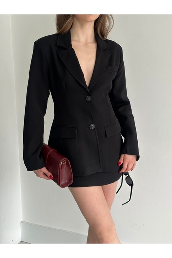 Laluvia Black Padded Crepe Fabric Skirt Jacket Set