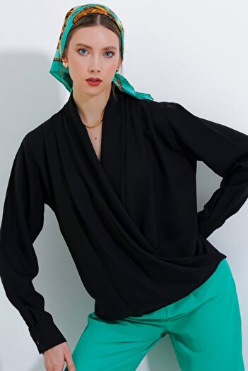 modaserdem Black Double Breasted Collar Draped Satin Blouse 0492