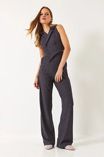 Bianco Lucci Women's Thin Striped Double Breasted Collar Lycra Jumpsuit 90018 60271031