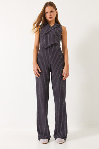 Bianco Lucci Women's Thin Striped Double Breasted Collar Lycra Jumpsuit 90018 60271031