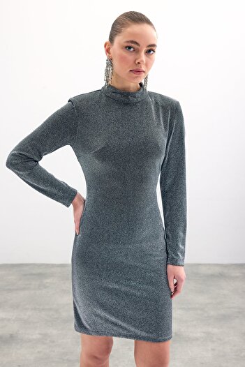 Sateen Parlak Kısa Elbise - Antrasit