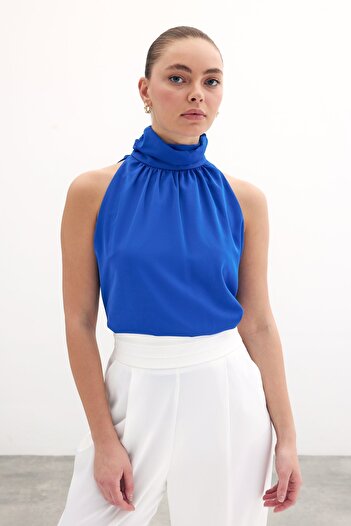Sateen Sax Blue Sleeveless Loose Blouse