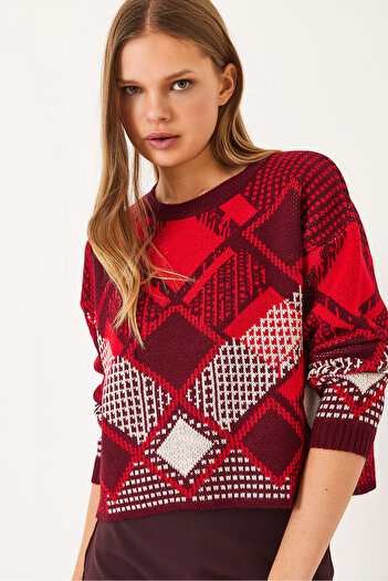Bianco Lucci Women's Diamond Patterned Jacquard Knitwear Sweater 20246928