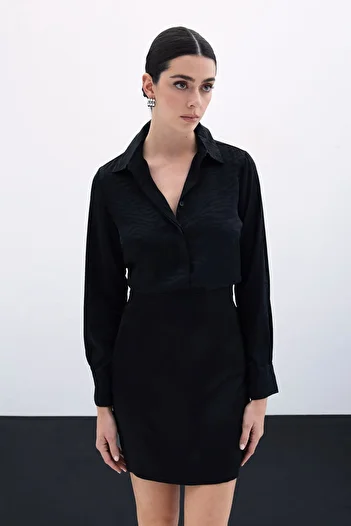 Sateen Patterned Plain Classic Shirt - BLACK