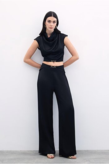 Sateen Satin Trousers with Waist Buckle - Black