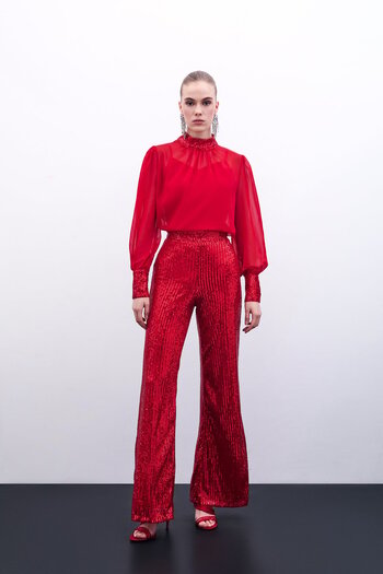 Sateen Red Sequined Loose Trousers