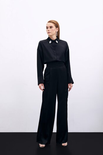 Sateen Loose Satin Trousers with Pockets - BLACK