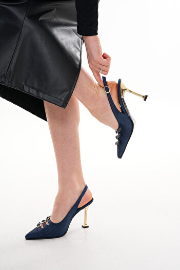 La Limar Navy Blue Striped Satin 8.5 cm Gold Heels Slingback Buckle Stiletto Heels