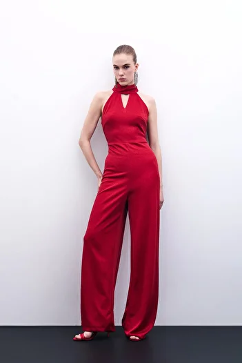Sateen Sleeveless Shiny Jumpsuit - Red