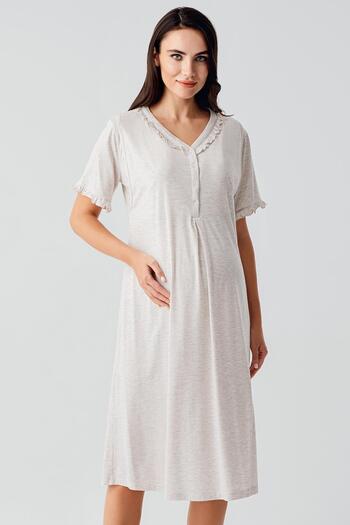 Artış Short Sleeve Buttoned Stretchy Cotton Maternity Nightgown