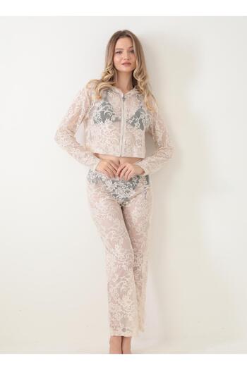 BY PAPI Hooded Lace Suit Beach Dress - Bone Ecru Color