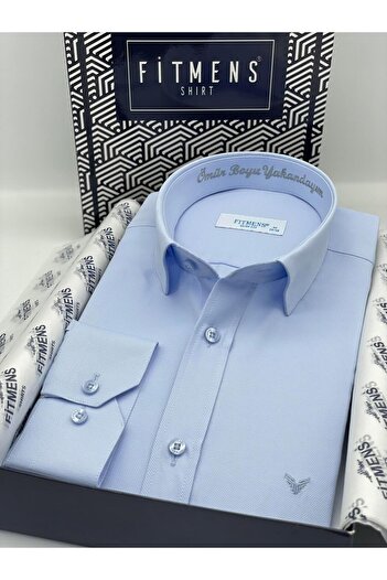 Fitmens Slim Fit Uzun Kol Ömür Boyu Yakandayım Nakışlı Hediye Kutulu Erkek Gömlek FS-001376 - Mavi