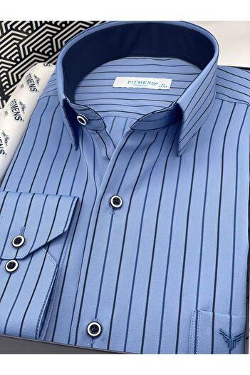 Fitmens Klasik Uzun Kol Premium Çizgili Hediye Kutulu Erkek Gömlek FS-003272 - Mavi