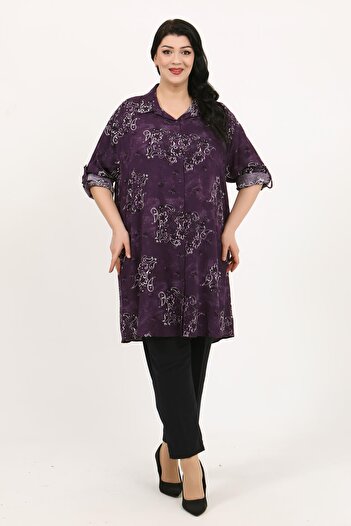 By Alba Collection Women's Plum Patterned Cotton Viscose Large Size Tunic