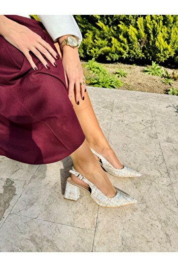 İnan Ayakkabı Women's Gold Multi Straw Detailed New Season Pointed Toe Heeled Shoes (Heel 7 cm)