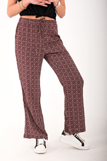 Blues Outlet Women's Elastic Waist Patterned Viscosa Fabric Pants-Burgundy