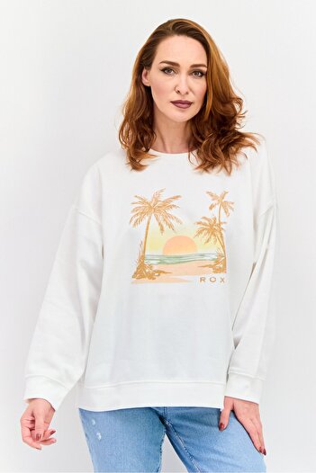 Roxy Women Crew Neck Long Sleeve Graphic Sweatshirt, Off White